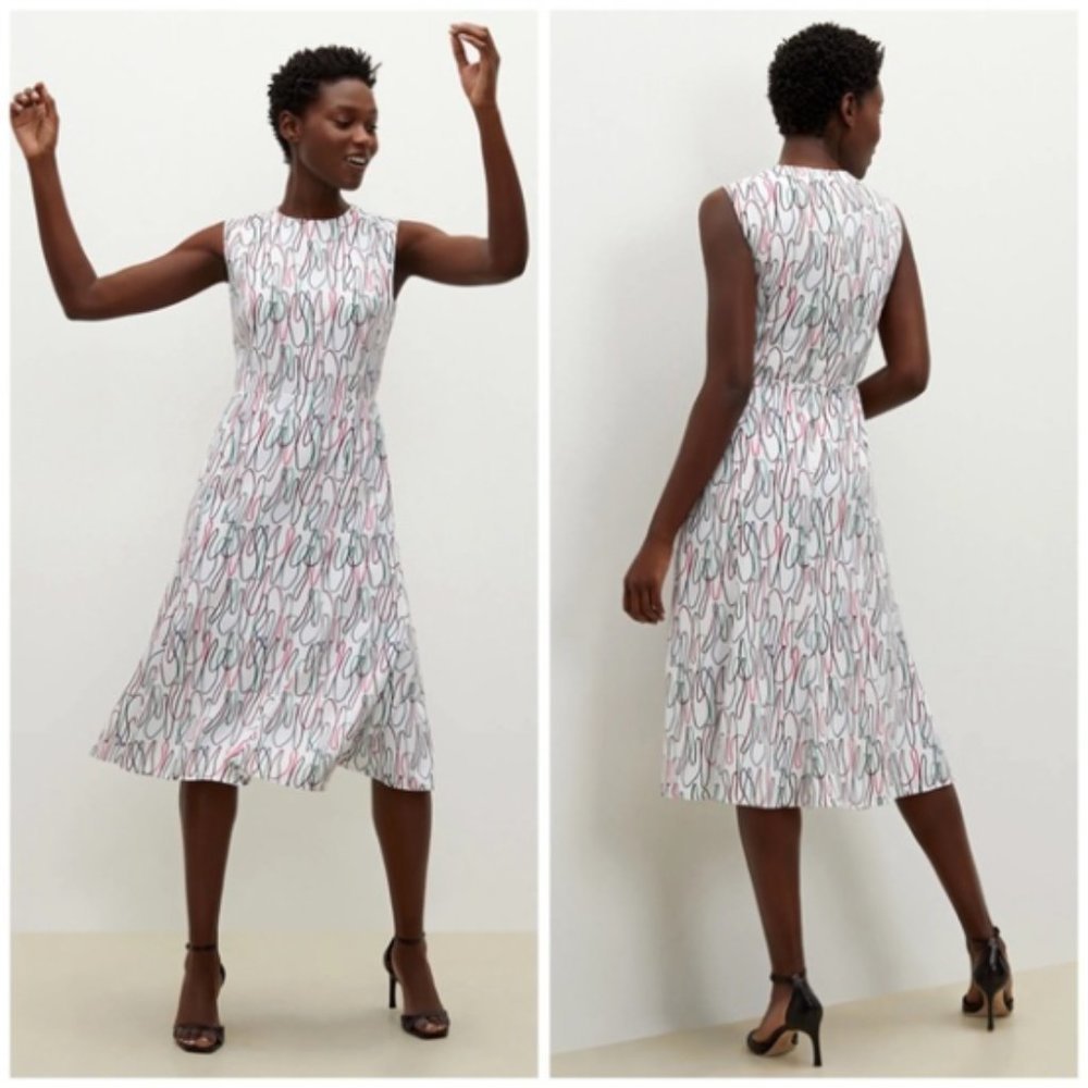 Sleeveless White Scribble-Print Midi Dress NWT